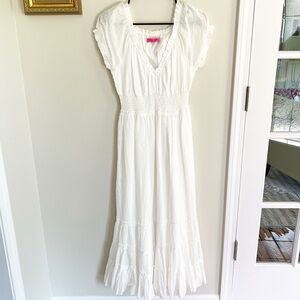 Betsey Johnson White Maxi Dress SZ M Swiss Dot Smocked Waist Boho Ruffle Cottage